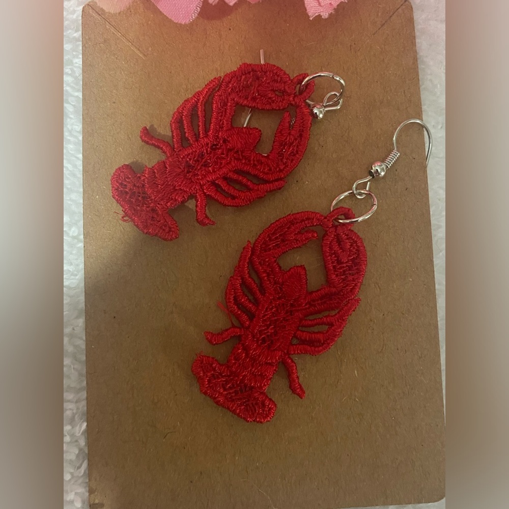 Handmade Embroidered Free Standing Lace Lobster Earrings.